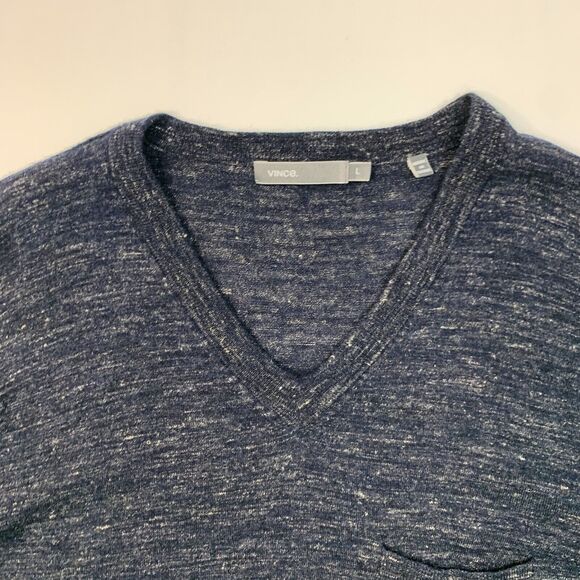 Vince Sweater Mens L Large Dark Navy Linen Wool Blend V Neck Pullover SpaceDye - Picture 4 of 12